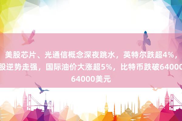 美股芯片、光通信概念深夜跳水，英特尔跌超4%，中概股逆势走强，国际油价大涨超5%，比特币跌破64000美元